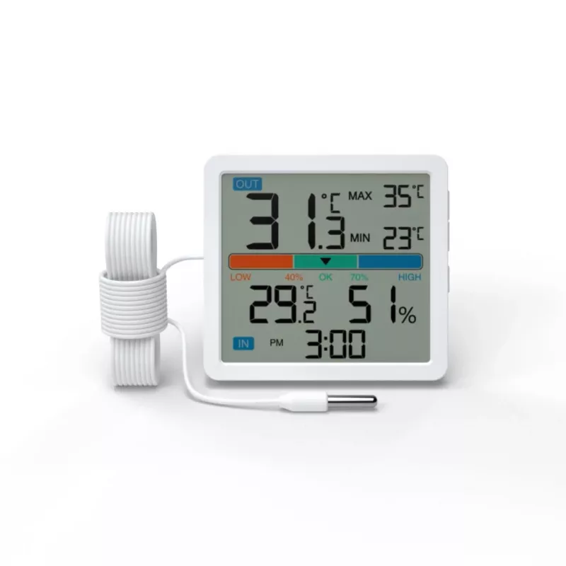Termometrs‑higrometrs MANTA MTO002W ar ārējo sensoru (150 cm), iekštelpu 0–+50°C, ārtelpu -40–+70°C, mitrums 20–95% RH, komforta indikators, pulkstenis