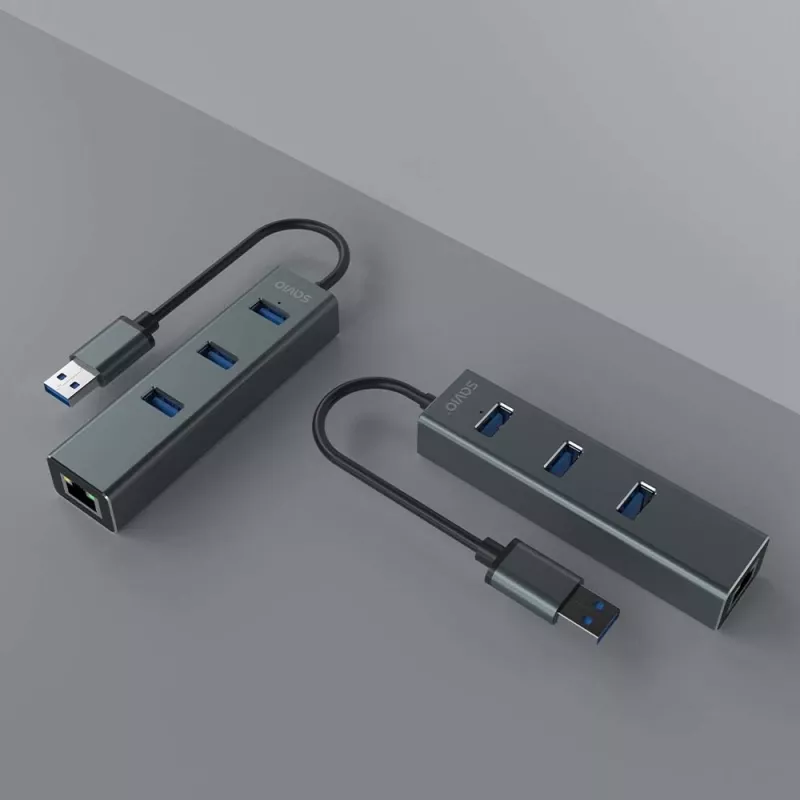 SAVIO USB-A centrmezgls ar RJ-45 Gigabit Ethernet AK-57 — 3× USB-A + RJ-45, USB 3.2 Gen 1 Micro‑B resursdators, 5 Gbit/s, 4 porti, pelēks