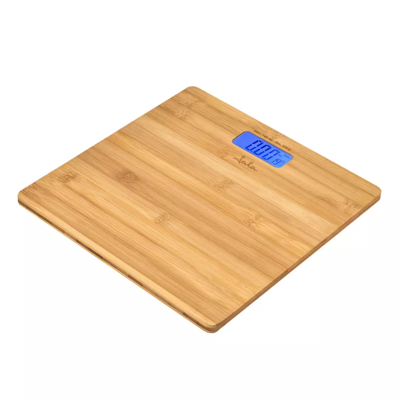 Elektroniskie personālie svari Jata HBAS1489 — 180 kg ietilpība, 100 g precizitāte, 10,2 cm LCD, bambusa platforma