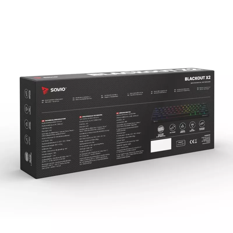Mehāniskā spēļu tastatūra SAVIO MelnsOUT X2 PEACH — 61 taustiņu 60% QWERTY, RGB LED, hot-swap, USB Type-A/Type-C, noņemams kabelis
