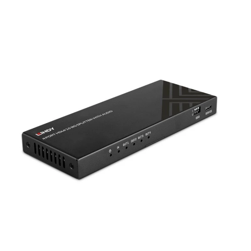 Lindy 4 Port HDMI 8K60 Splitteris ar audio, HDMI, 4x HDMI, 3,5 mm, 7680 x 4320 pikseļi, melns, metāls