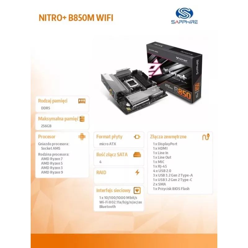 Mātesplate Sapphire NITRO+ B850M WIFI — AMD B850, ligzda AM5, micro ATX, DDR5, 4x DIMM, Wi‑Fi 6, 2.5Gb LAN, 2x M.2