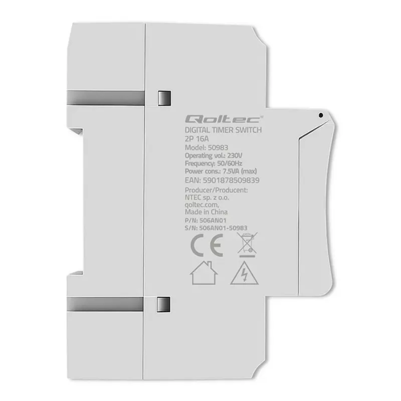 DIN-sliedes elektroniskais taimera slēdzis QOLTEC 50983, darbināms ar baterijām, automatizācijas shēmām