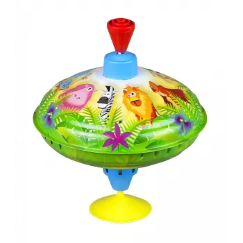 Rotējošā bumbiņa Lena Humming top Savvaļas dzīvnieki 16 cm — koka rotējošā rotaļlieta no Lena, 16 cm diametrs