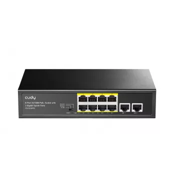 Tīkla slēdzis Cudy FS1010PG — 10/100 Mbps, 8 PoE porti, 2 augšupielādes porti, 120 W PoE budžets, metāla korpuss