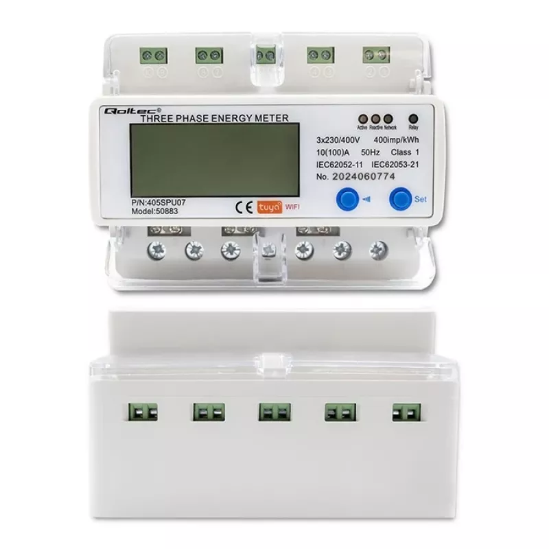 Trīsfāžu elektroenerģijas skaitītājs QOLTEC 50883 Wi‑Fi 400V ar LCD displeju
