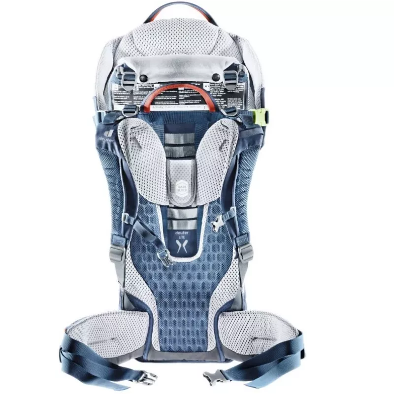 Bērnu pārnēsājamā mugursoma DEUTER Kid Comfort Active — zila, poliamīds, līdz 22 kg, saulessargs, kāju balsts, VariQuick, Lite Air
