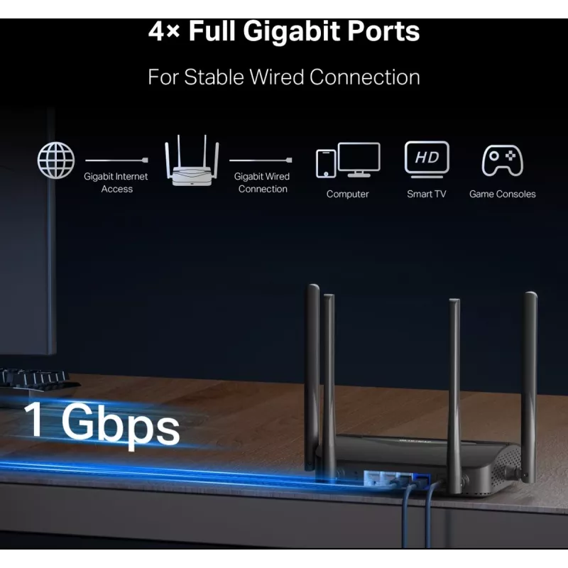 Galda maršrutētājs MERCUSYS MR25BE EasyMesh Wi‑Fi 7 divjoslu 2,4/5 GHz, 3600 Mbps, 3× Gigabit LAN, 4 ārējās antenas