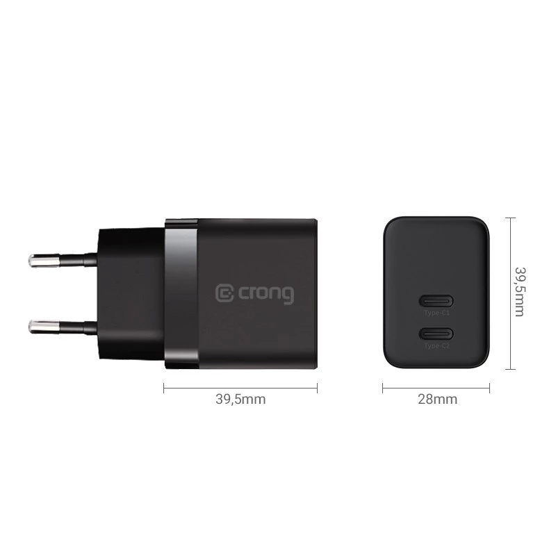 Crong sienas lādētājs Ultra Compact GaN 35W PD 3.0 2x USB-C (melns)