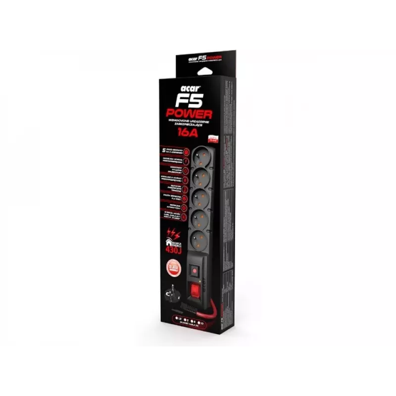 ACAR F5 POWER Black 5 AC kontaktligzdas 230 V 1.5 m