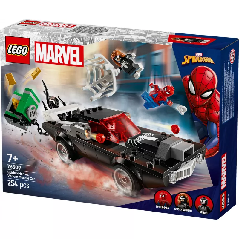 LEGO Marvel Super Heroes Spider-Man vs. Venom Muscle Car 76309 būvēšanas komplekts — 254 detaļas, 3 minifigūras, vecumam 7+