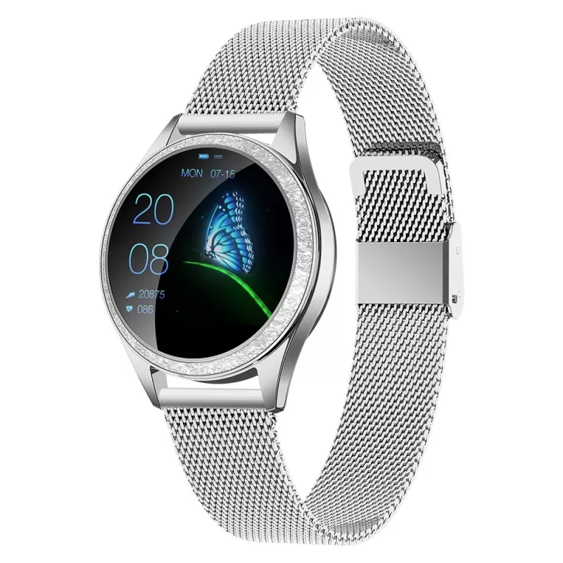 Smartwatch ORO-MED ORO-SMART CRYSTAL SILVER — apaļš metāla korpuss, LCD 240×198, 1,04 collu displejs, Bluetooth 4.0, ūdensizturīgs, 120 mAh baterija