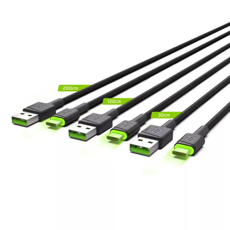 USB-C kabeļu komplekts zaļa Cell GC Ray — USB A uz USB C 3 garumi (30 cm, 120 cm, 200 cm), USB PD, 480 Mbps, 2,4 A, melns