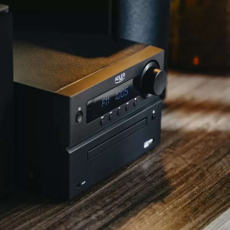 Mini Hi‑Fi stereo sistēma Adler AD 1917 — Bluetooth V5.3, CD/USB/MP3, 2×25W RMS, FM uztvērējs, 4 joslu EQ, AUX, melna