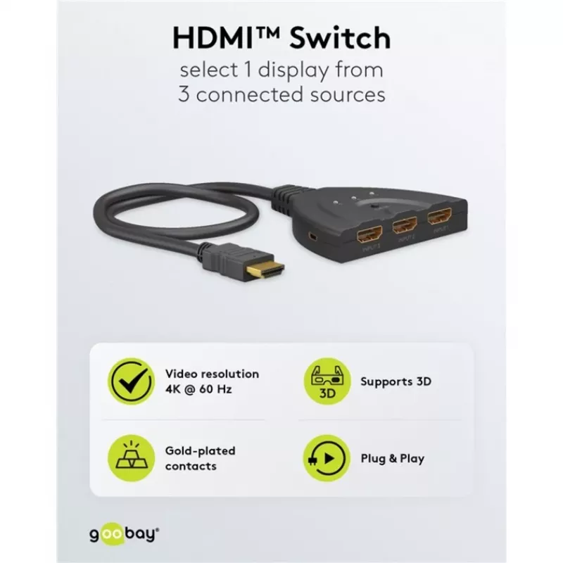 HDMI-Umschaltbox 3 to 1 (4K @ 60Hz), HDMI pārslēdzējs (melns, 55 cm kabelis)