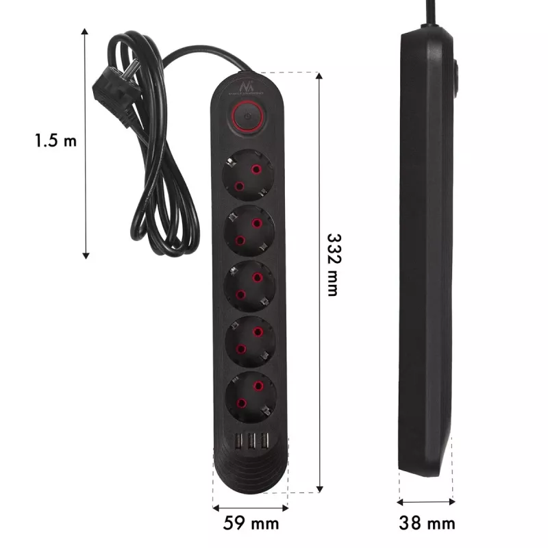 Strāvas sadalītājs MACLEAN MCE395 B — 5 ligzdas, 3×USB, 110–240 V maiņstrāva, 2,1 A USB, 2500 W, 1,5 m kabelis, melns