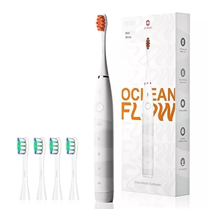Soniskā zobu suka OCLEAN FLOW Pieaugušajiem — darbināma ar baterijām, balinošais režīms, iebūvēts taimeris, regulējams ātrums, 255 mm augstums, balta, 0,13 kg, 1 rokturis + 1 sukas galviņa