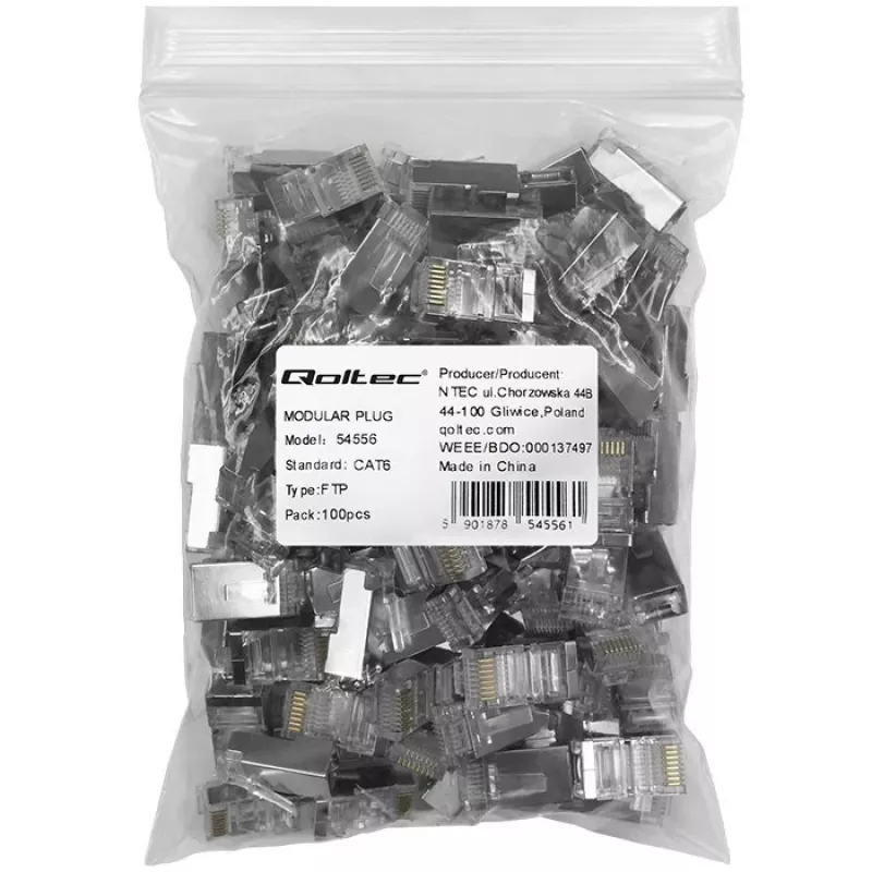 RJ45 modulārais savienotājs QOLTEC 54556 CAT6 FTP, sudraba, 18×22×11 mm, iepakojumā 100 gab.