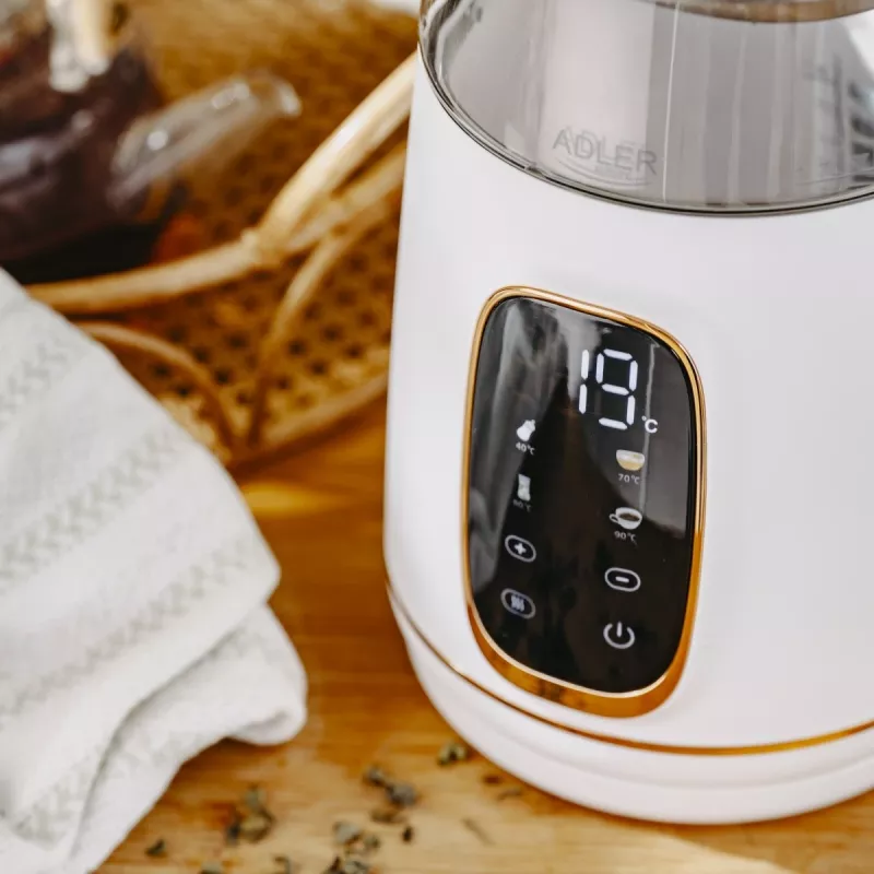 Elektriskā tējkanna Adler AD 1305WG — 1,7 l, 2200 W, stikls/plastmasa, balts/zelta/caurspīdīgs