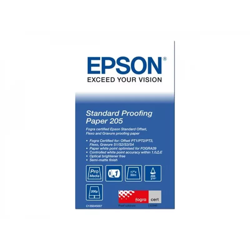 Epson Standard Proofing Paper, 17 collu x 50m, 205g/m², 50 m, 43,2 cm, 43,2 cm (17 collas), Matēts, 190 µm, 205 g/m²