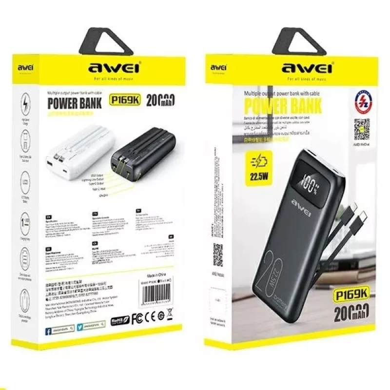 Ārējais akumulators 20000mAh P169 K 22.5W USB-C + Apple Cab