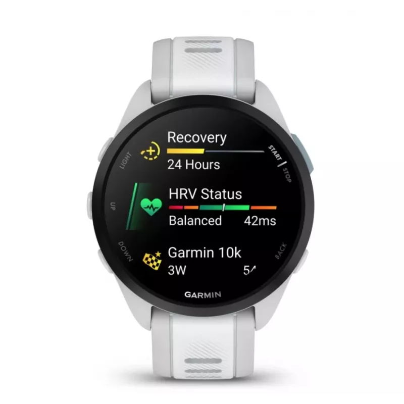 Viedpulkstenis GARMIN Forerunner 165 — GPS, AMOLED 1,2 collas, 4 GB, 5 ATM, 11 dienu akumulators, pelēks korpuss, balta siksniņa