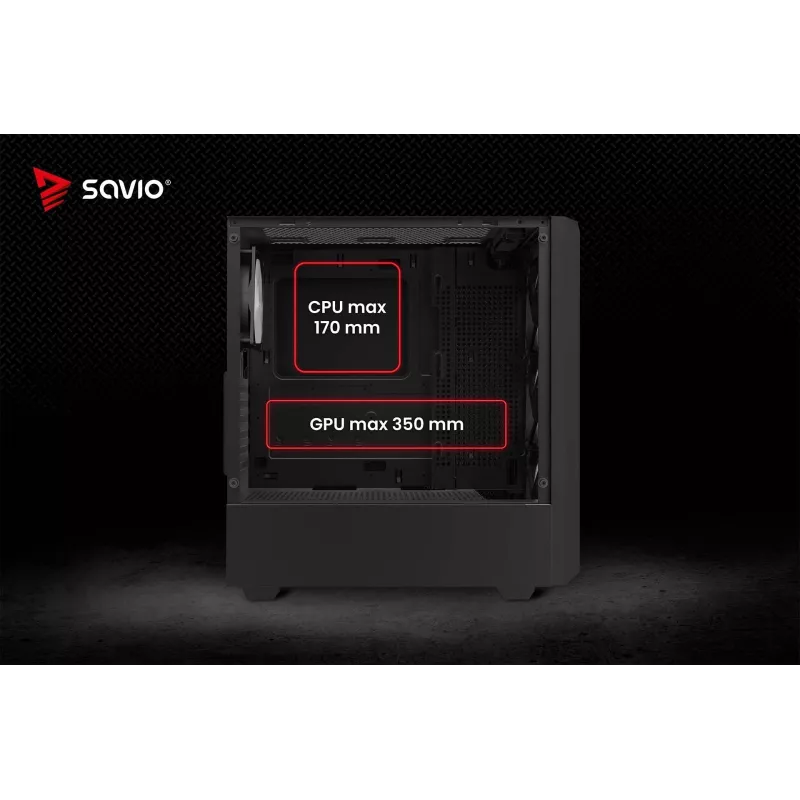 PC kuba korpuss SAVIO Noctis Glass RGB — Melns, ATX/Micro-ATX, 210×410×450 mm, 3×120 mm priekšējie ventilatori