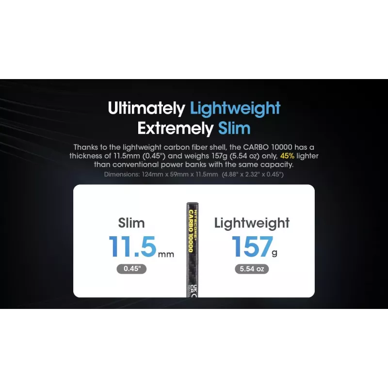 Pārnēsājams ārējais akumulators Nitecore CARBO 10000 — litija jonu 10000 mAh, 38 W PD, USB‑A + USB‑C, pelēks