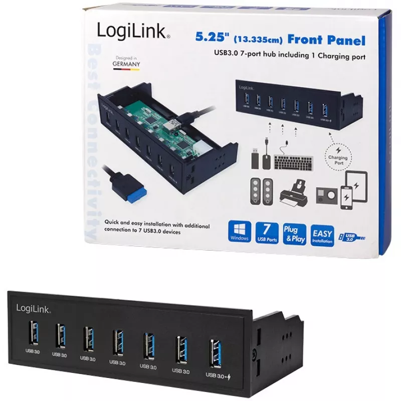 LogiLink USB 3.0 centrmezgls, 7 portu 5.25 iekšējais, ar ātrās uzlādes portu - Centrmezgls - 6 x SuperSpeed USB 3.0 + 1 x SuperSpeed USB 3.0 (uzlādei)