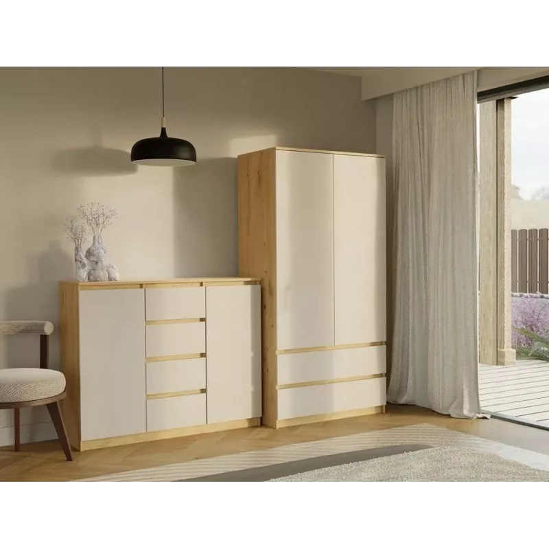 kumode ar 2 durvis un 4 atvilktnes, artisan ozols/kašmira krāsa