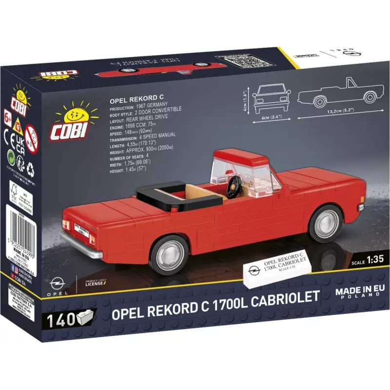 Cobi konstruktora rotaļlieta Opel Rekord C 1700 L kabriolets, modela komplekts, mēroga modelēšanas būvkomplekts