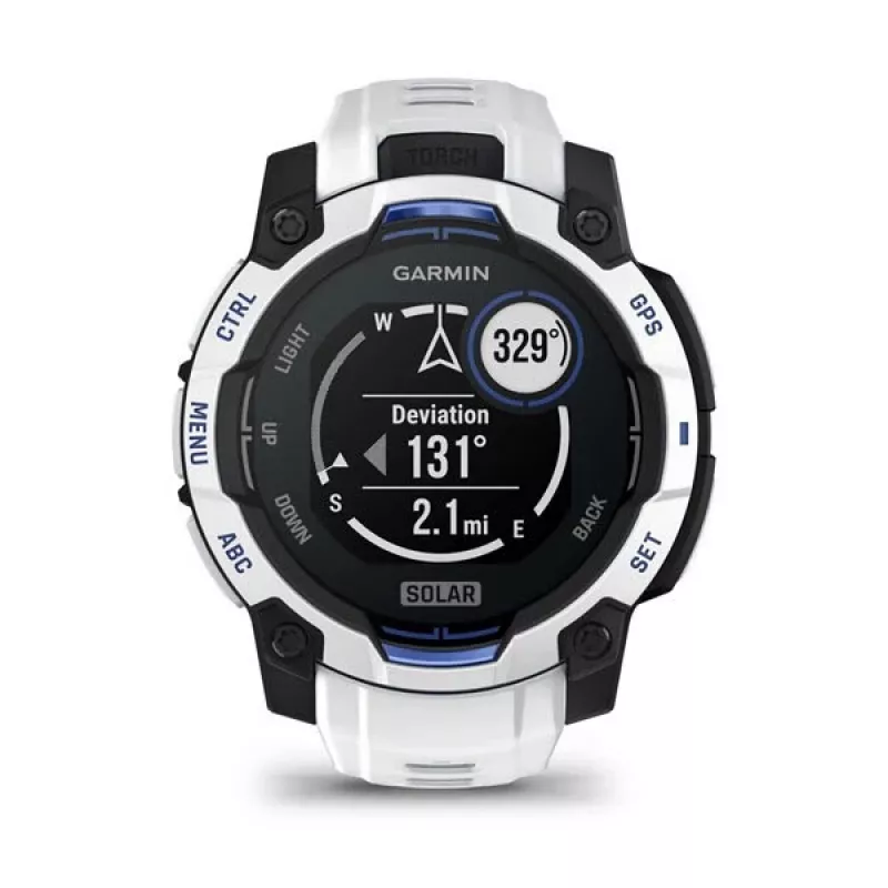Viedpulkstenis GARMIN Instinct 2 45 mm, MIP 0,9 collas (176×176), GPS, saules enerģija, silikona siksniņa zila/balta