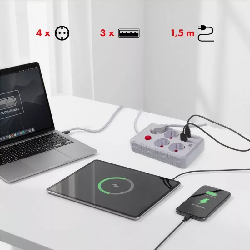 Strāvas sadalītājs MACLEAN MCE392 W — 4 F tipa kontaktligzdas, 3×USB A, 110–240 V, maks. 2,1 A, 2500 W, 1,5 m kabelis, balts