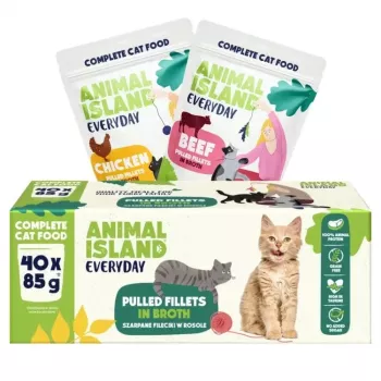 Mitrā kaķu barība animal island Everyday Liellopu un vistas filejas buljonā, 40×85 g daudzpaka