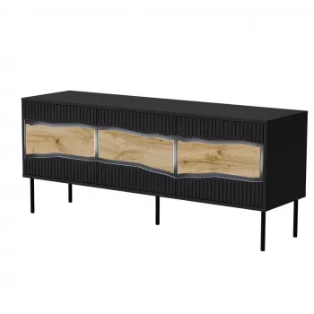 TV skapis cama meble INSERTO 3D 143,5x40x61,5 cm melns ar LED, skaidu plātnes augšdaļa