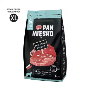 Sausa suņu barība Pan Mięsko Mr. Pork with mežacūka XL — 9 kg, pieaugušiem lielo un ļoti lielo šķirņu suņiem, olbaltumvielas 30%, tauki 21%