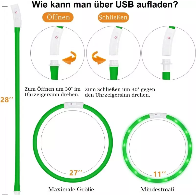 LED kakla siksna Anicoll zaļa suņiem un kaķiem Modelis uzlādējams apgaismojums