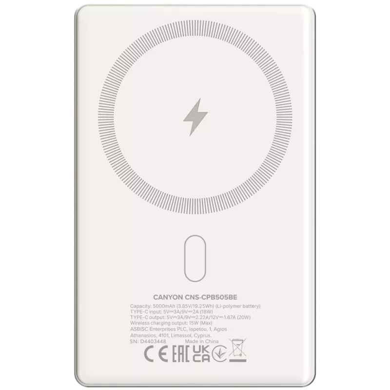 Canyon OnPower 505 - Powerbank - 5.000 mAh - ieeja USB-C - izeja USB-C PD 20W + bezvadu magnēts 1