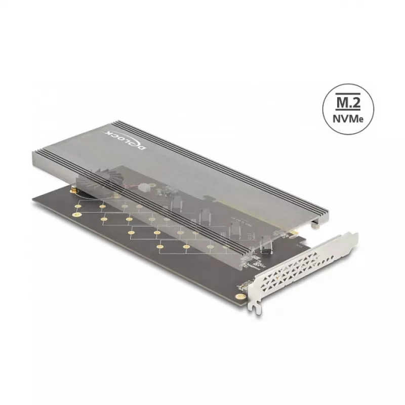DeLOCK PCI Express 4.0 x16 karte ar 4 iekšējiem NVMe M.2 Key M slotiem, dzesēšanas radiatoru un ventilatoru