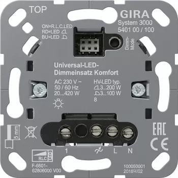 Pie sienas montējams dimmera modulis Gira S3000 Uni-LED-Dimmeins. Komfort 540100 LED apgaismojumam