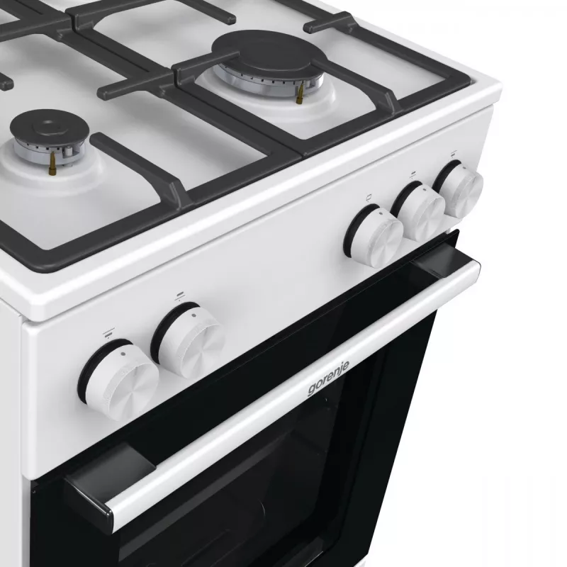 Brīvi stāvoša gāzes plīts ar krāsni Gorenje GG5A10WFFM — 4 degļu plīts virsma, 70 l krāsns, emaljēta augšdaļa, balta