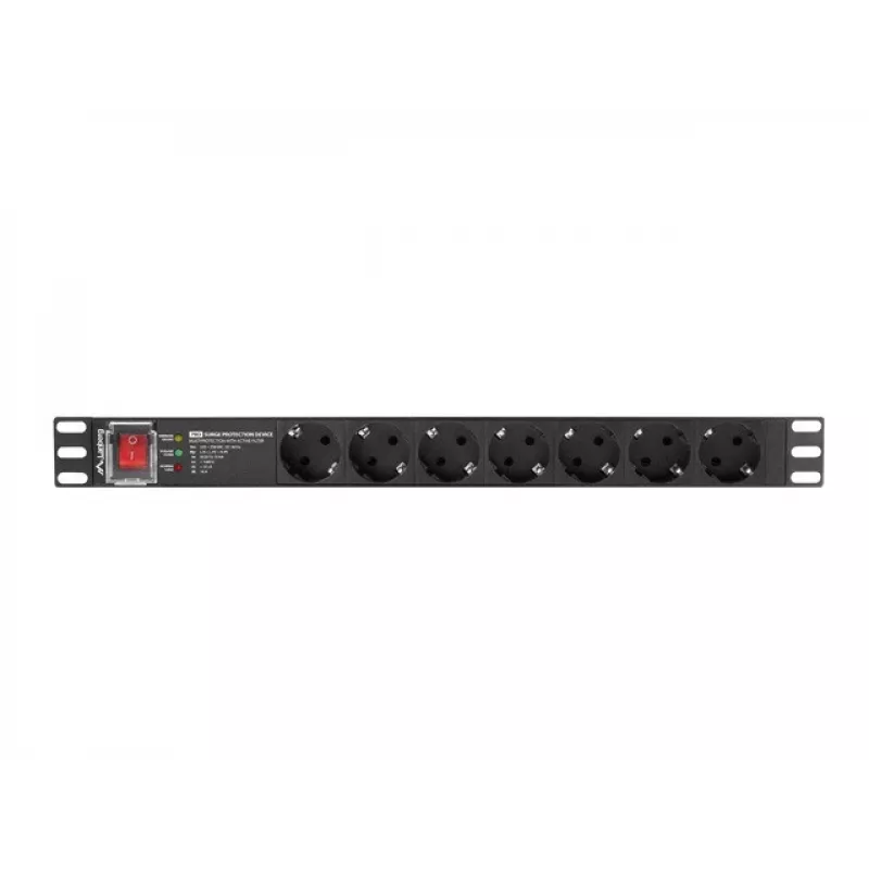 Strāvas sadales bloks LANBERG PDU-PRO-07F-0200-BK — 1U plaukta PDU, 7 Type F rozetes, 16 A, 2 m kabelis, melns