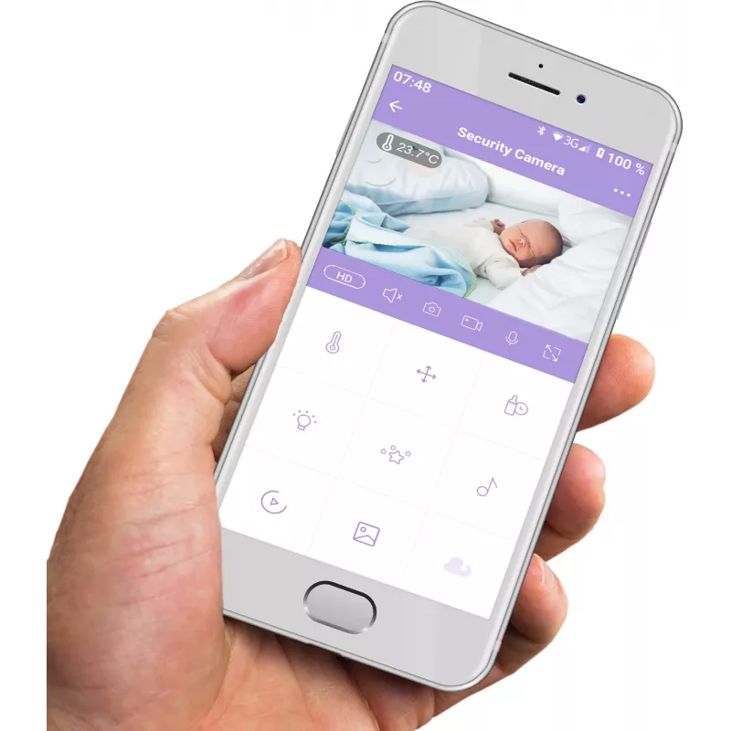 Iekštelpu Wi‑Fi panorāmas kamera Olympia BC 2000 — 2 MP, 1080p, 330° horiz / 145° vert, 2,4 GHz, Android/iOS (purpura/balta)