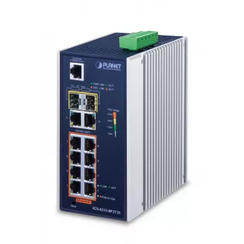 Pārvaldāms slēdzis PLANET IGS-4215-8P2T2S — 10x Gigabit RJ-45, 2x SFP, 8x PoE+ (240W), 48–56V DC, L2/L4, IP30, DIN/sienas stiprinājums
