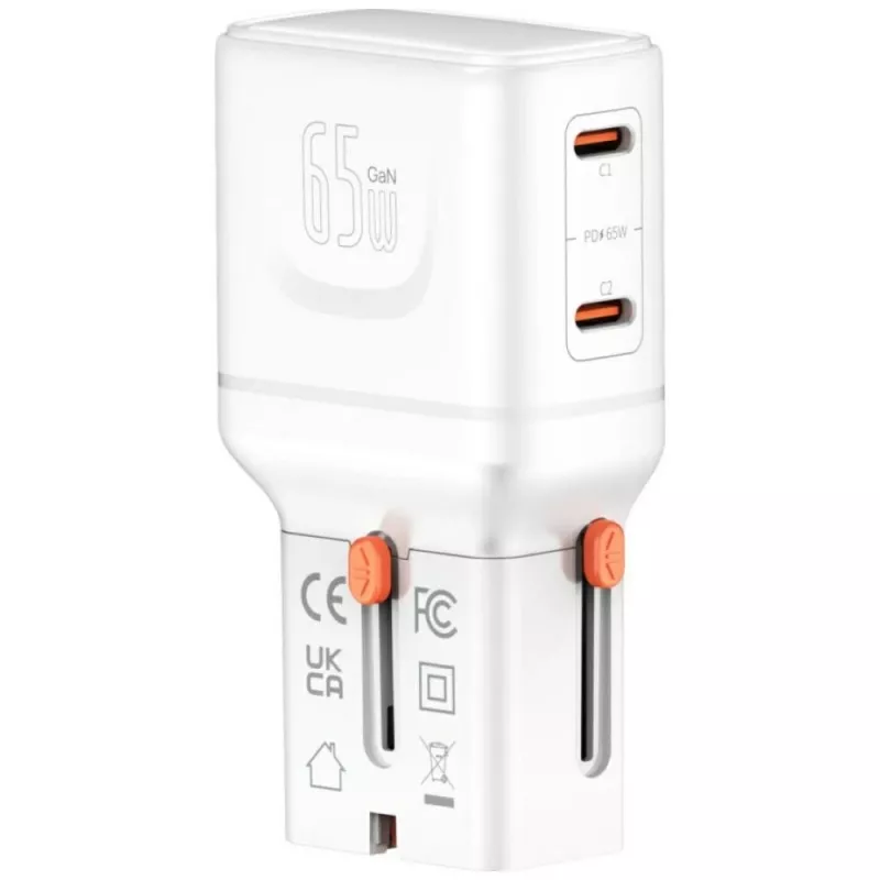 Ceļojumu lādētājs World 65W USB-C + USB-A balts