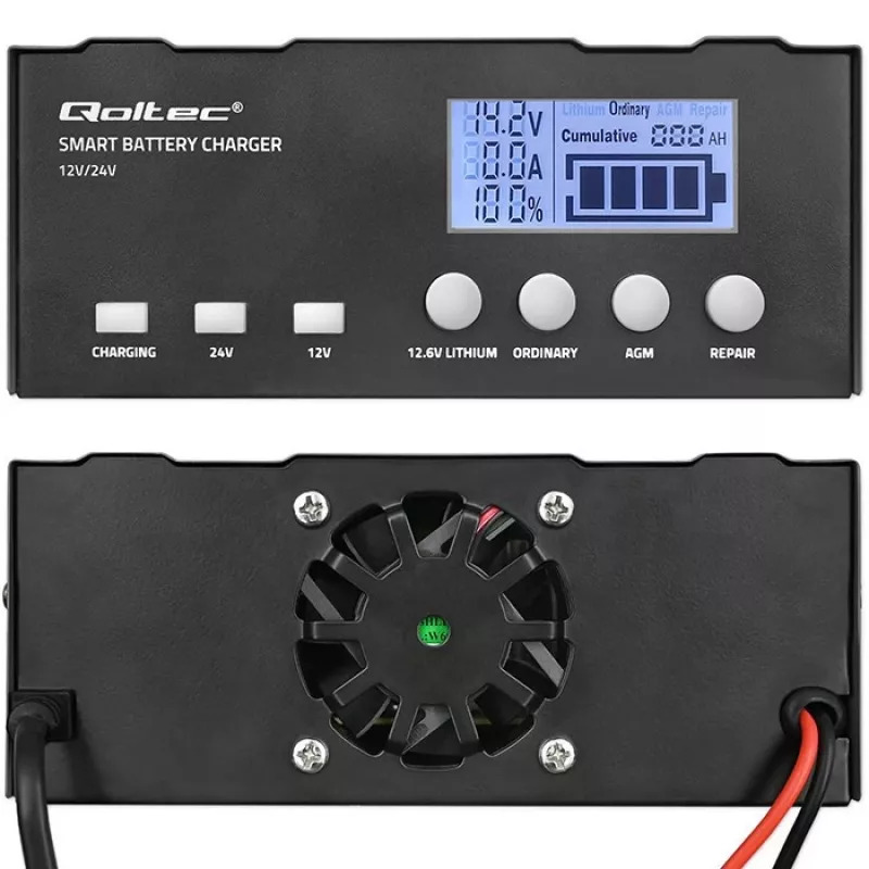 Bateriju lādētājs QOLTEC 52491 mikroprocesora 12V/12.6V/24V ar LCD