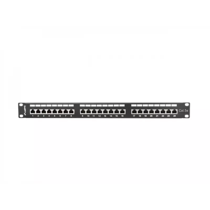 Plāksteru panelis 1U LANBERG PPS5-1024-B — 24 portu RJ-45 Cat5, metāla, melns, montāža statīvā