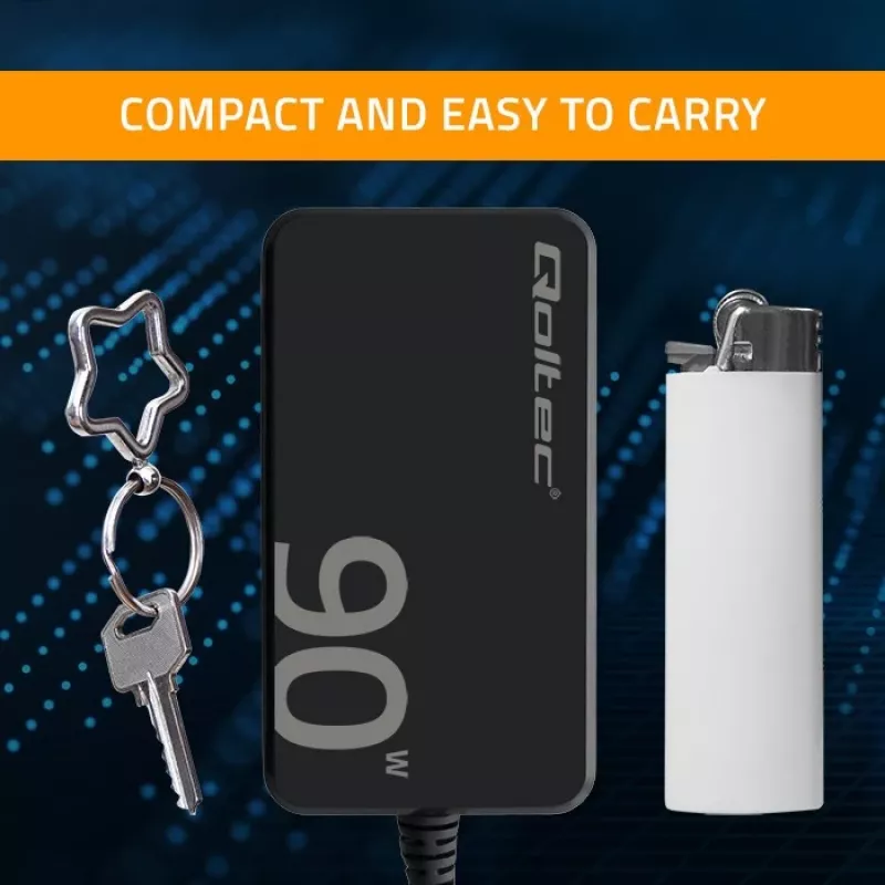 Qoltec 90W GaN Super Fast SLIM sienas lādētājs | XP | 5-20V | 4.5A | USB-C 3.1 | Portatīvais dators | MacBook | Viedtālrunis | + kabelis