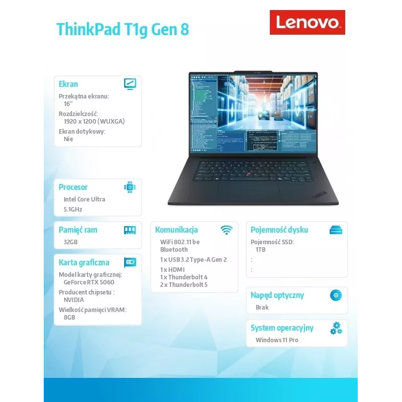 Ultrabook Lenovo ThinkPad T1G G8, 255H CPU, 32GB RAM, 1TB SSD, NVIDIA RTX 5080 8GB, 16,0 collu WUXGA, Windows 11 Pro