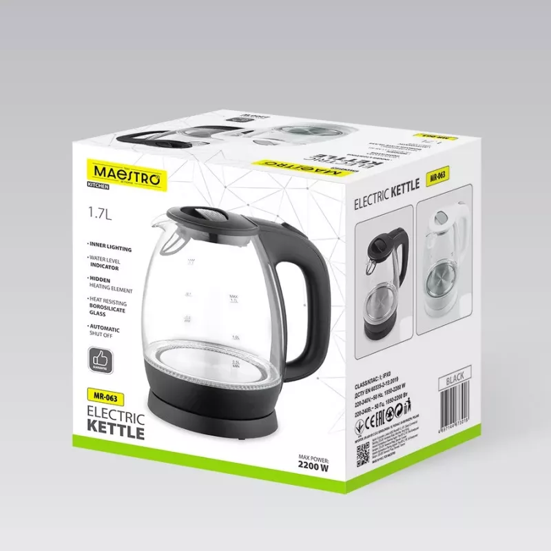Elektriskā stikla tējkanna Maestro MR-063-Melns, 2200 W, stikla korpuss, bezvada pamatne